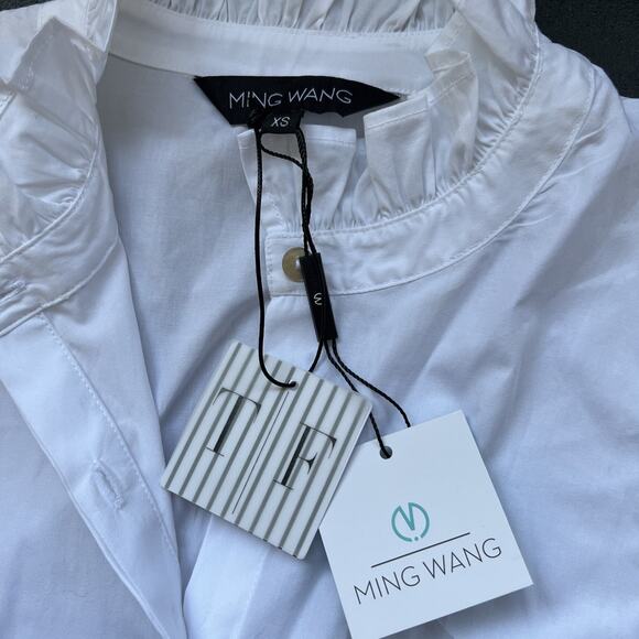 Ming Wang Blouse Women XS White Ruffle Button Up Stretch Cotton Capsule NEW - Picture 5 of 9